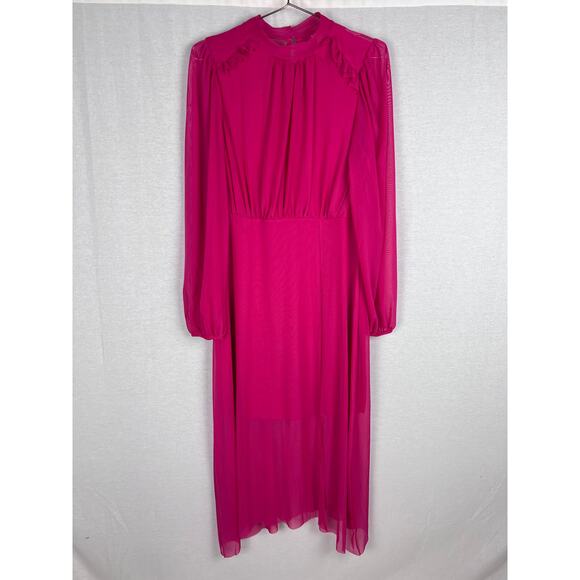 River Island Dress Pink High Neck Midi Mesh Barbiecore Maximalist Retro Party - Picture 1 of 9